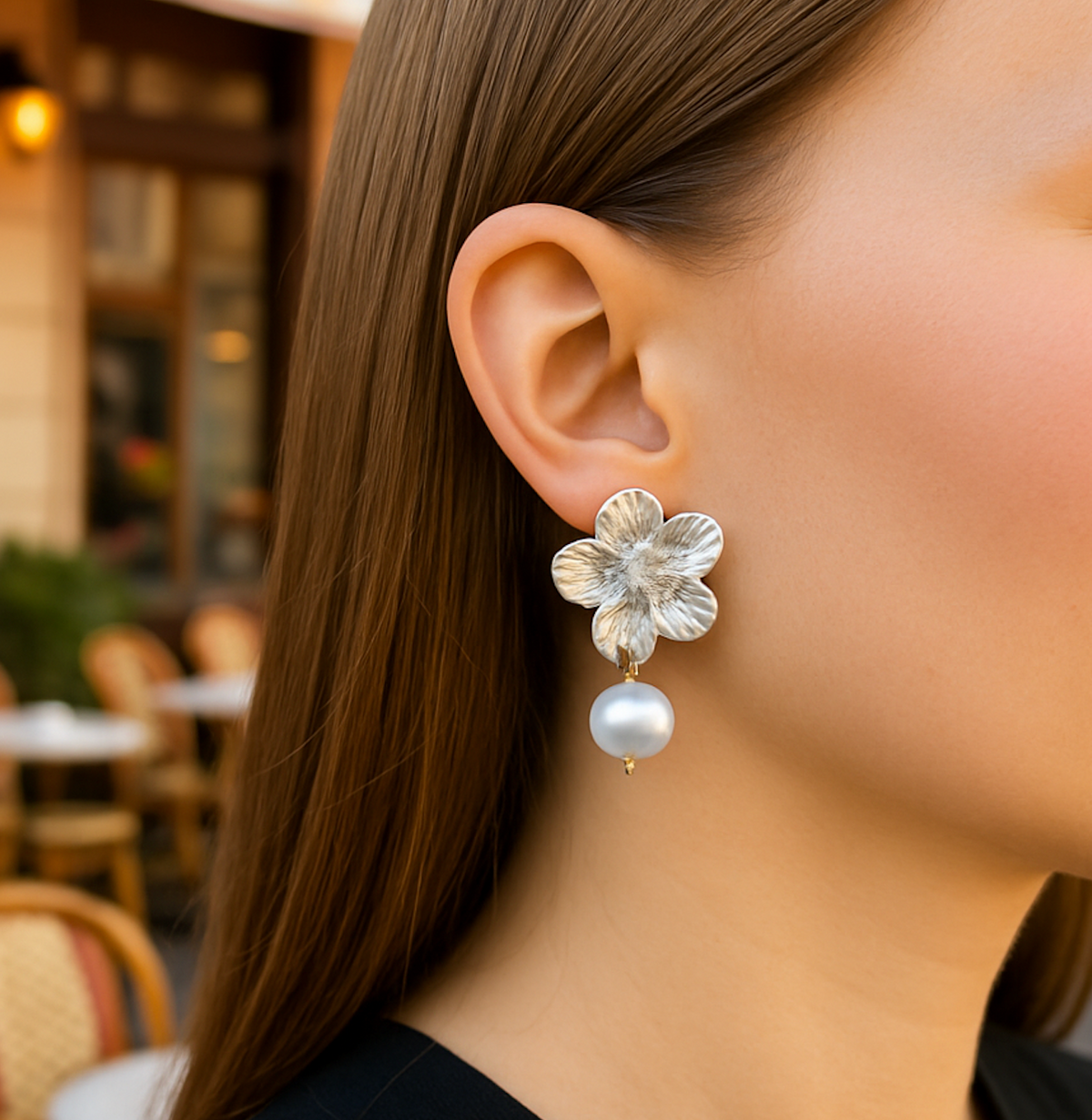 FLOWER PEARL EARRINGS Silver