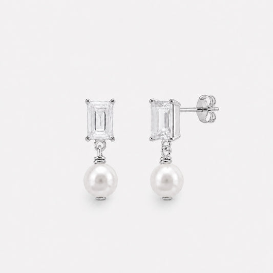 BAGUETTE PEARL STUDS Silver